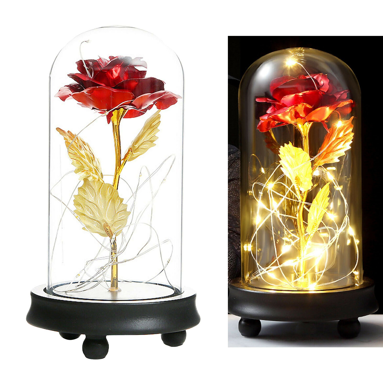Everlasting Rose in Glass Dome Flower LED Lamp Light for Wedding Anniversary
