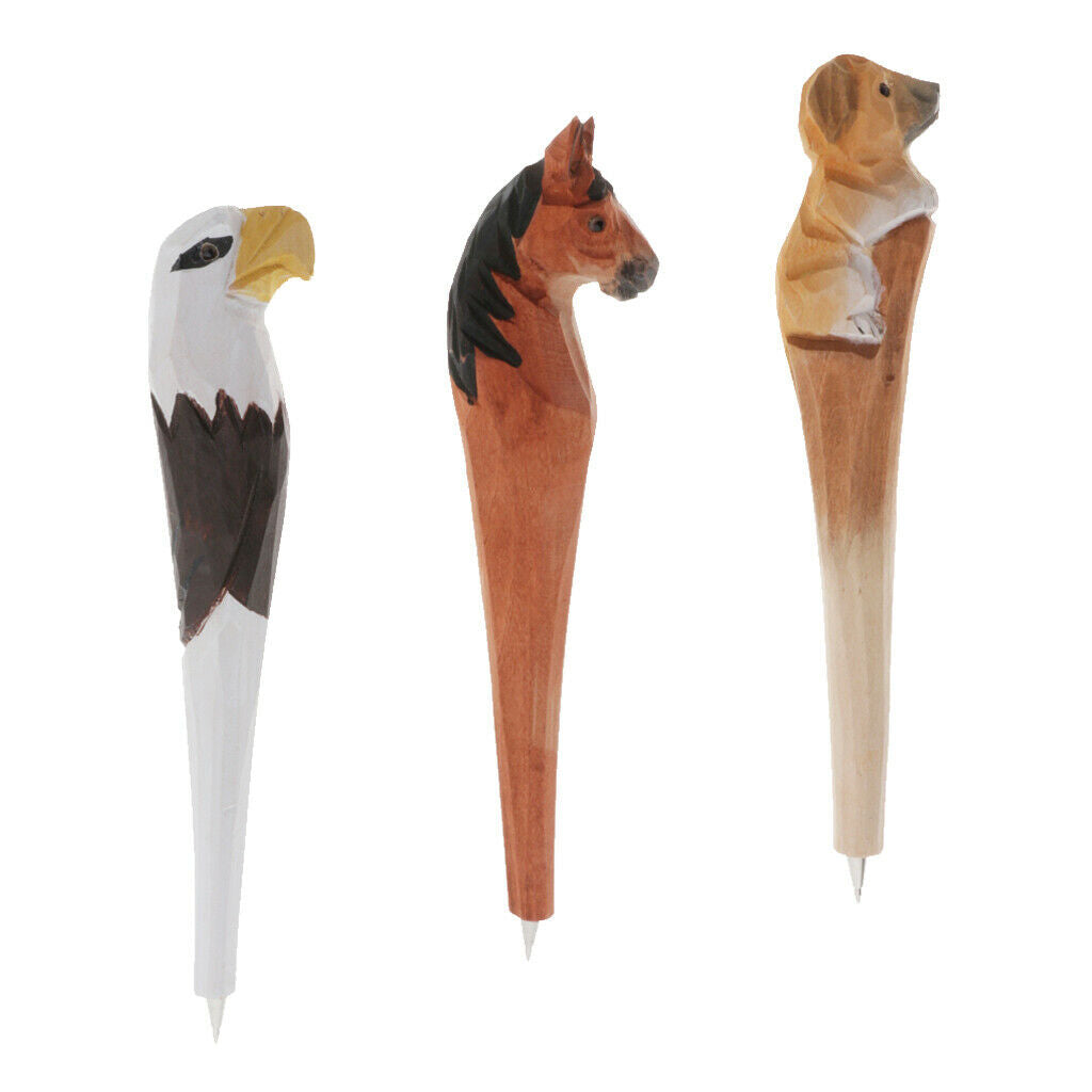 3Pcs Handcrafts Wood Animals Ballpoint Pen Ball Pen Stationery Kids Gifts