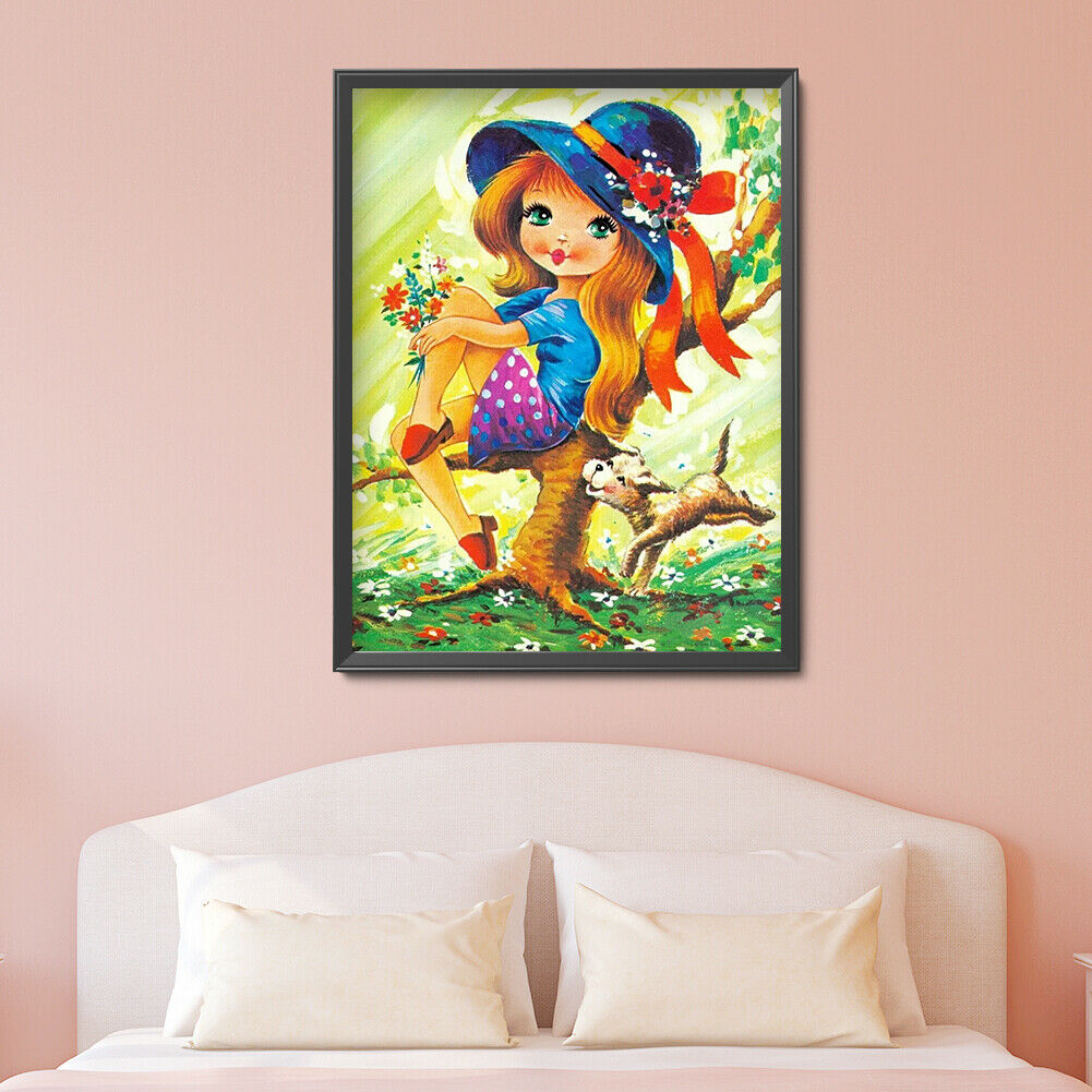 DIY Diamond Painting Kit Girl with Puppy Full Round Rhinestone Wall Picture @