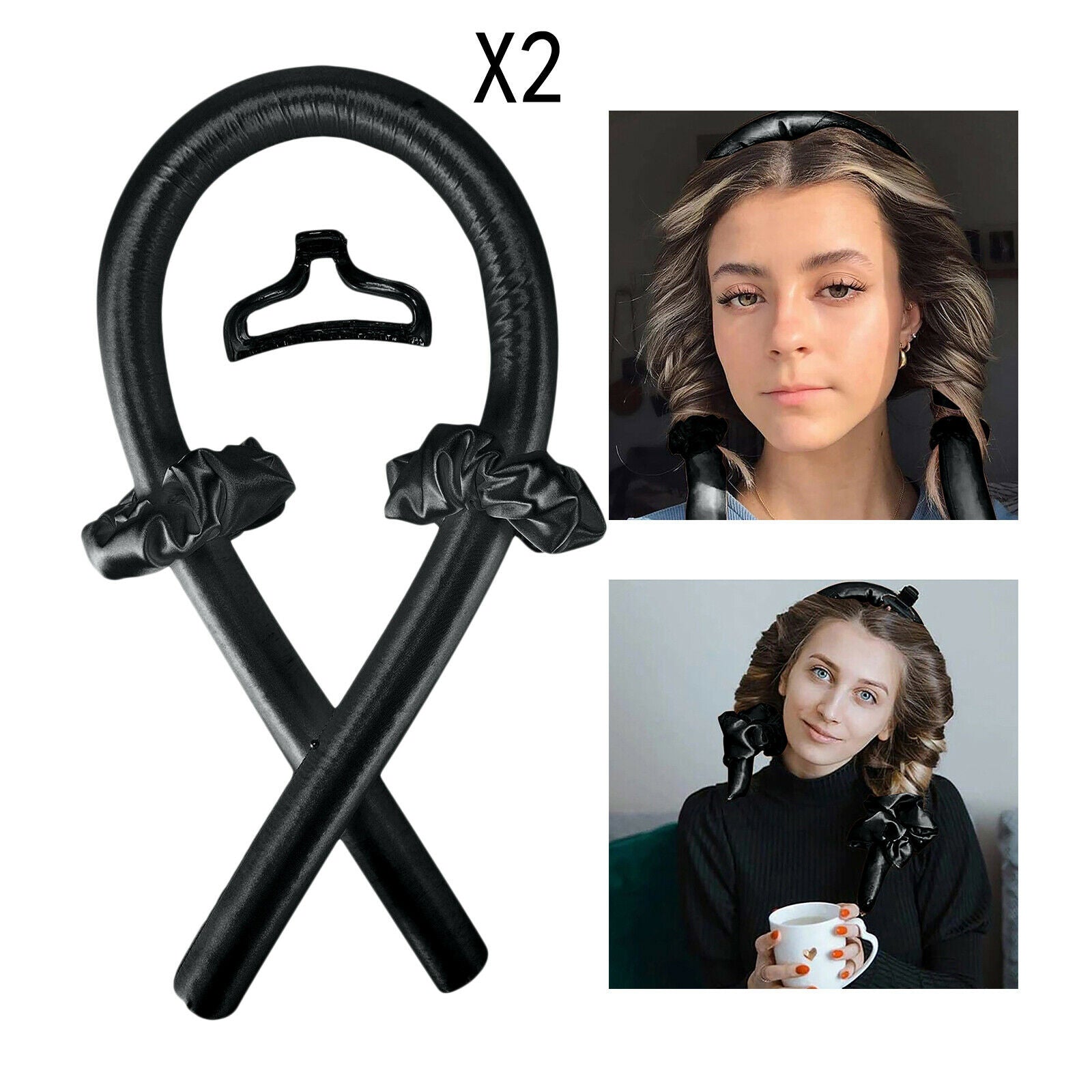 2x Sleeping Styler Heatless Curling Rod Headband Wave Curls Set Tools Black