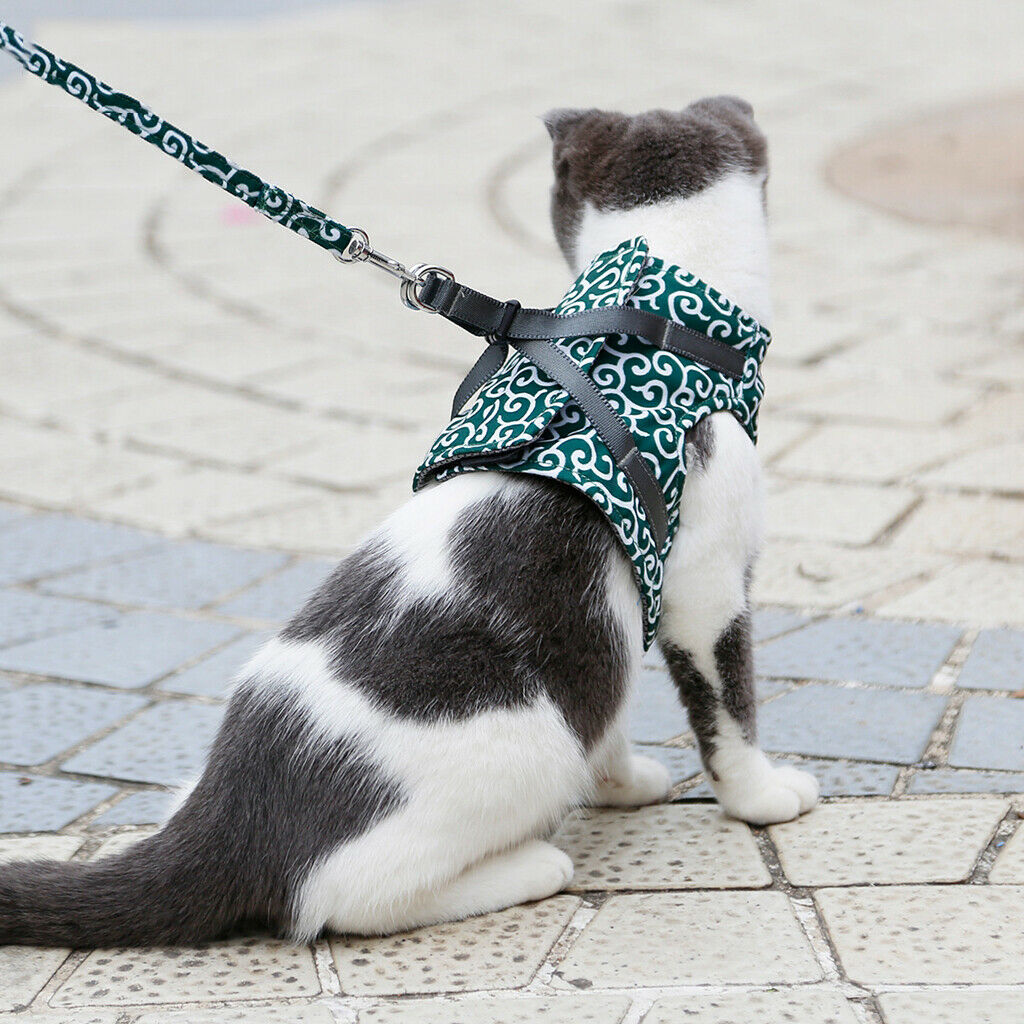Small Pet Cat Harness Vest with Leash Cat Walking Outdoor Outfits Green-XS
