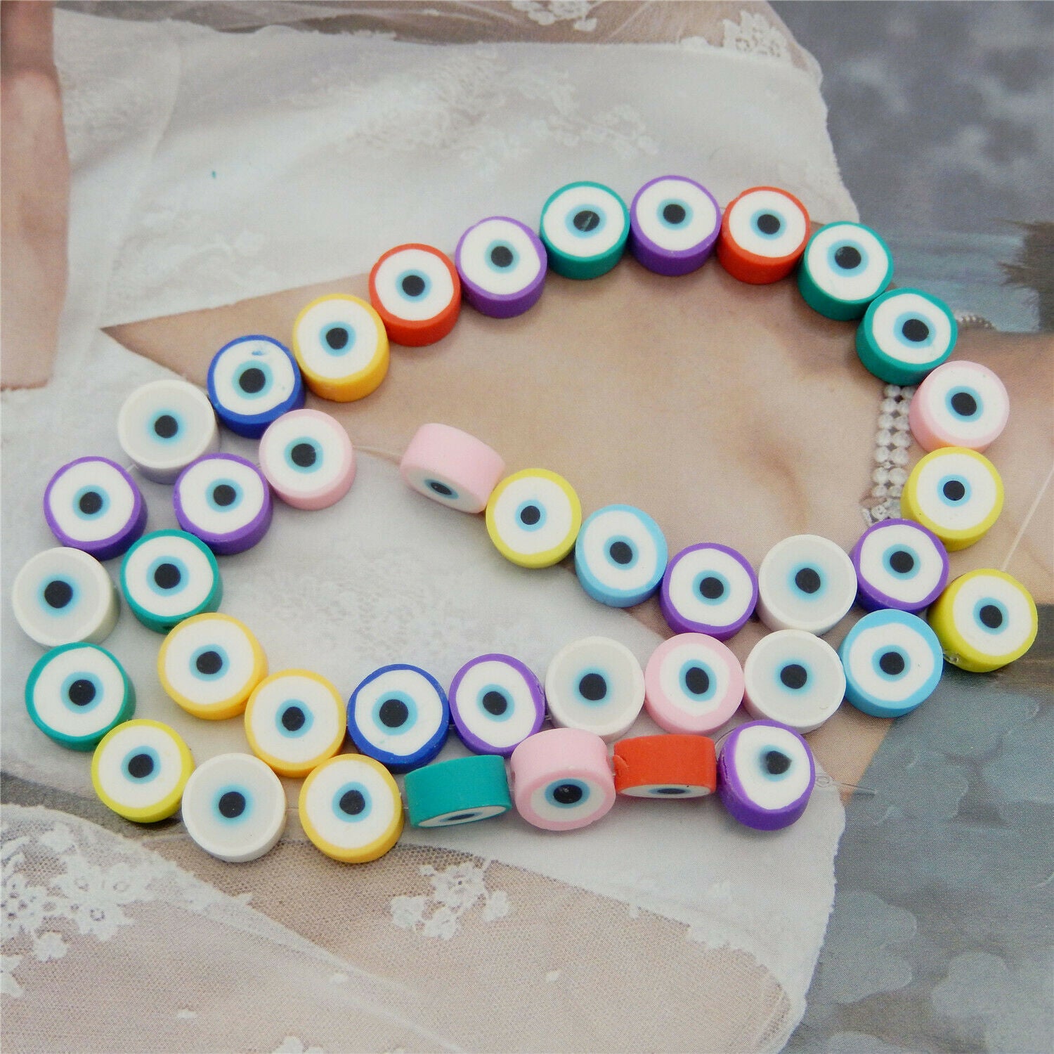 40 Assorted Round Polymer Clay Evil Eye Bead Bracelet Spacer Jewelry Craft 10mm