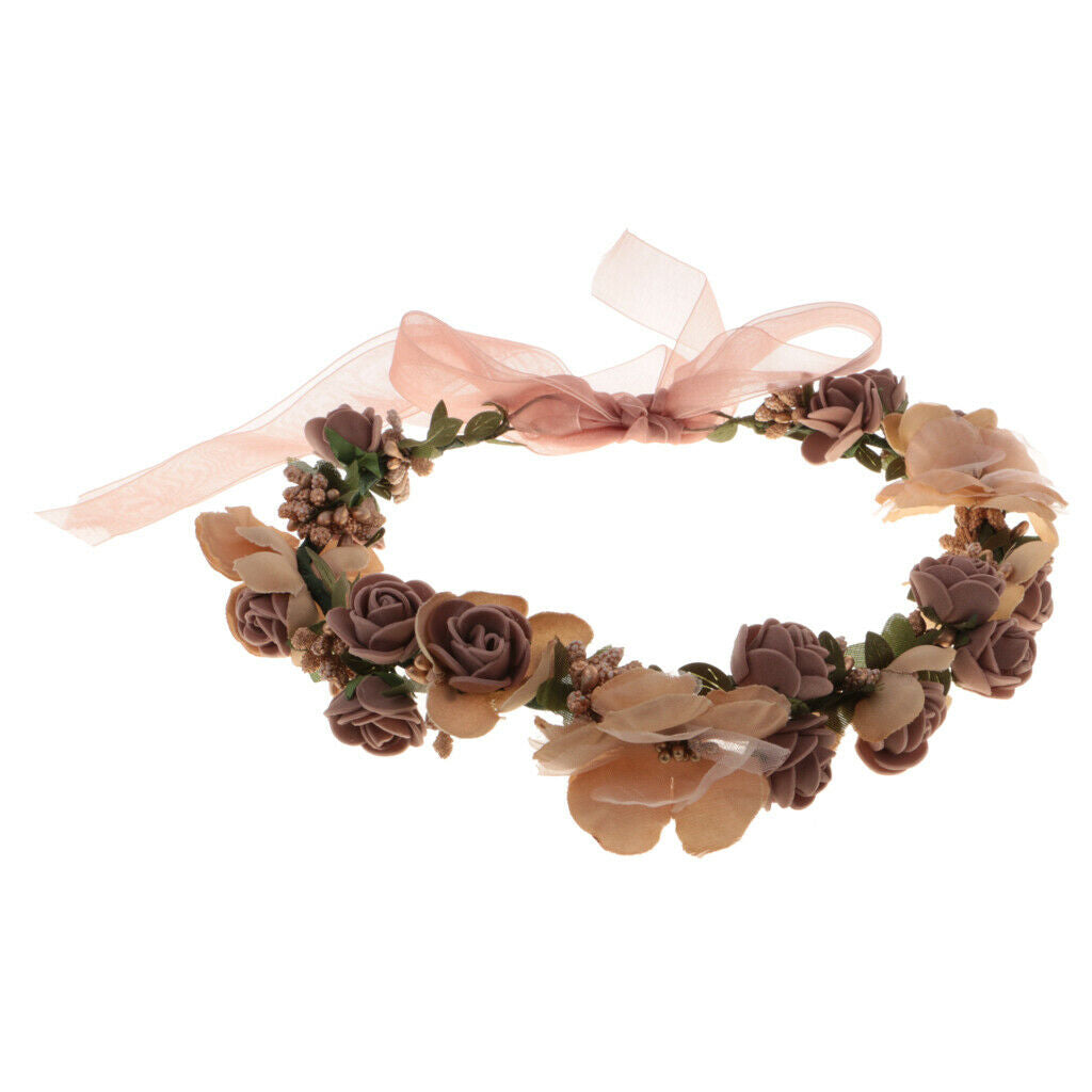 Boho Girl Floral Crown Flower Headband Hair Garland Wedding Headpiece Coffee