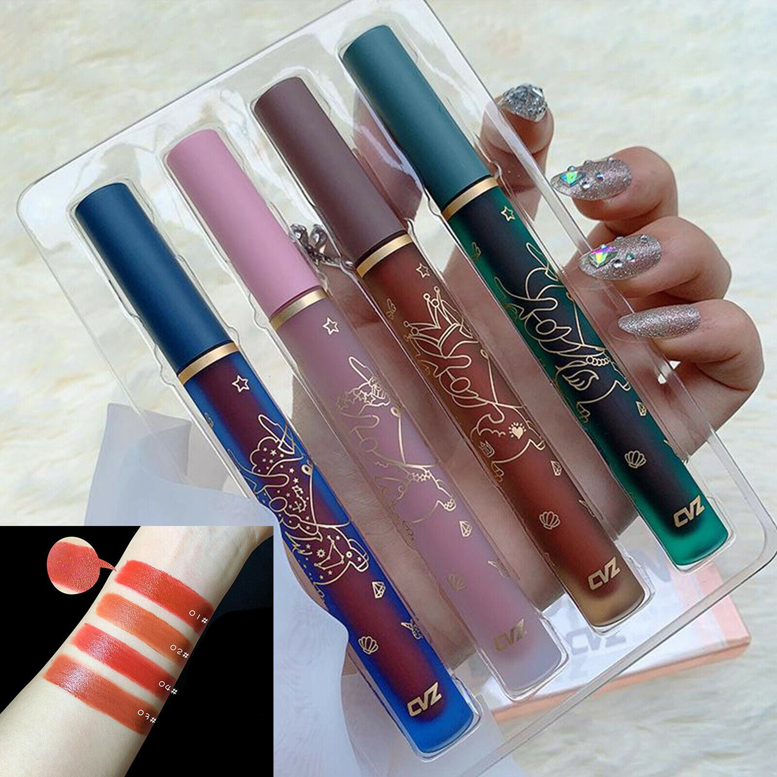 4pcs Velvet Matte Lip Glaze Set 4 Colors Waterproof Lip Gloss for Women