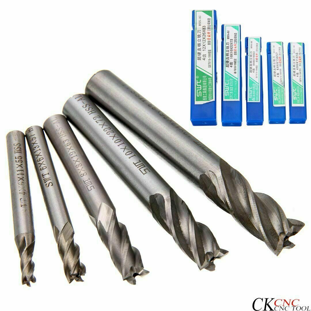 5pcs 4/6/8/10/12mm  HSS Straight Shank 4 Flute End Mill Cutter Drill Bit Tool