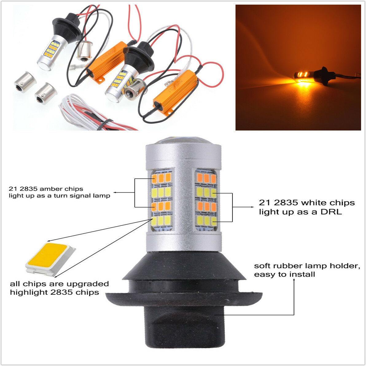 2 Pcs Dual-color Amber-White Switchback LED Turn Signal Light  DRL Kit 1156 Base