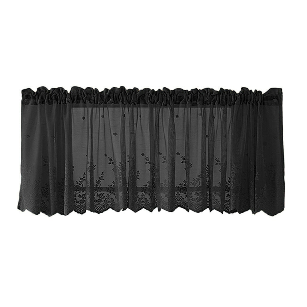 Embroidered Window Voile Sheer Curtain Valance Tiers Black-Valance-137x61cm