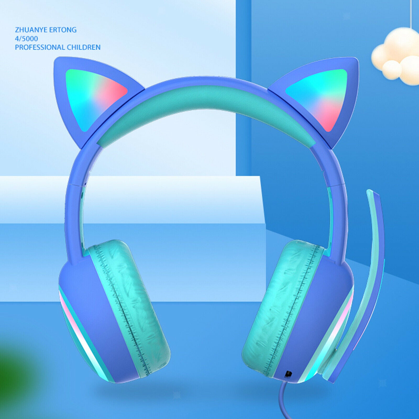 Kid LED Fashion Cute Cat Ear Headphones On-Ear Headsets with Mic Foldable Wired