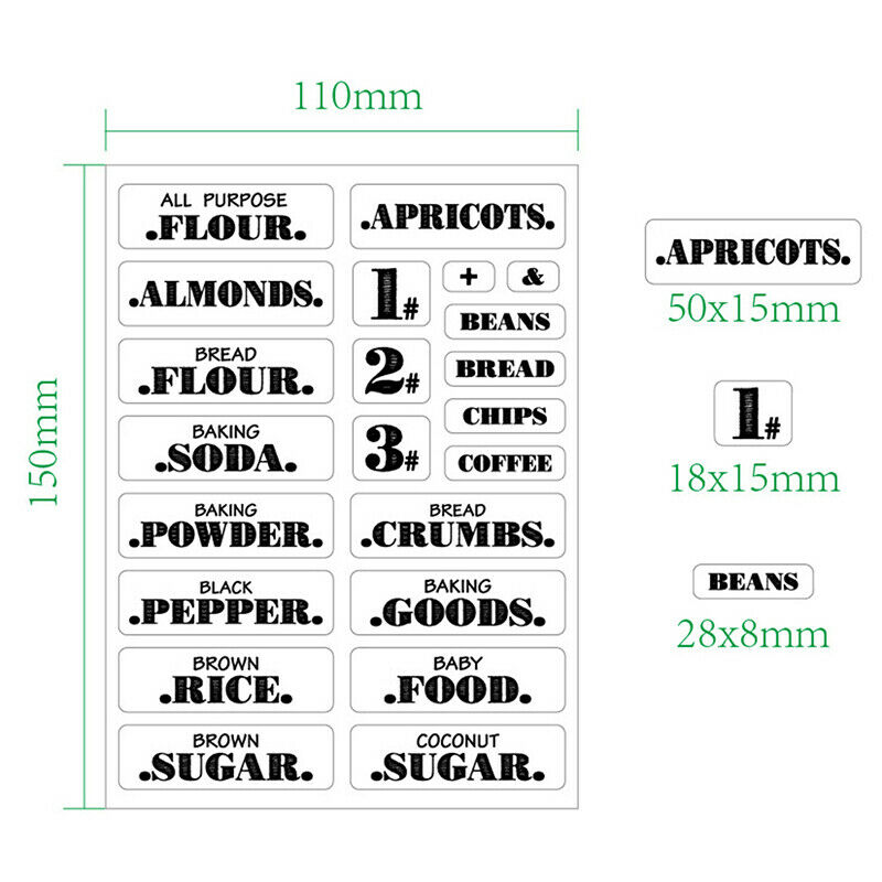 8 Sheets Label Stickers Kitchen Black and White Pantry Stickers Preprinted LFCA