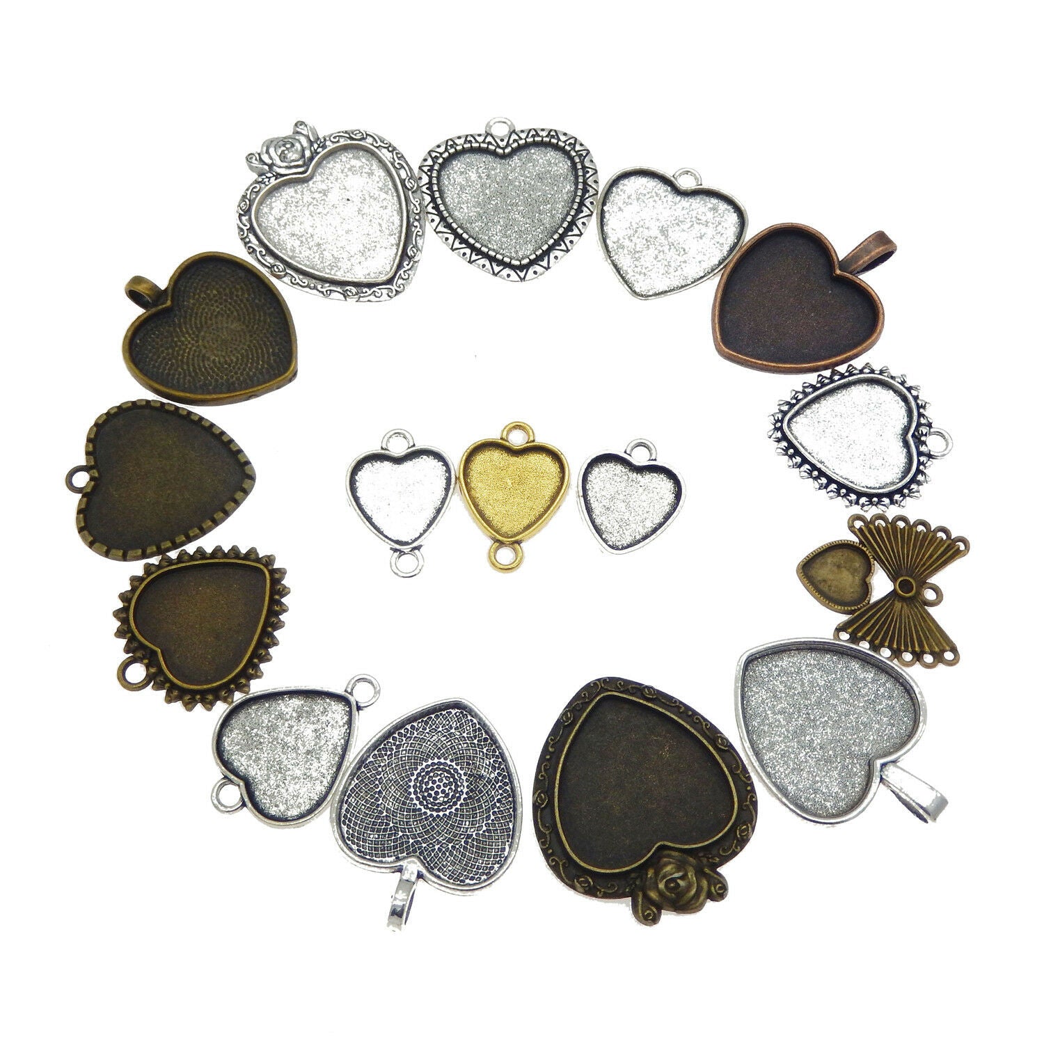 9 Mix Retro Alloy Base Settings Heart Pendant Tray Bezel Frame Charm DIY Crafts