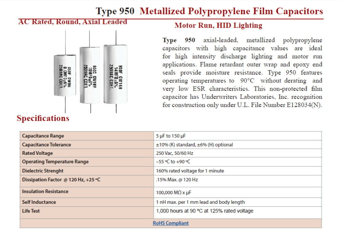 1pcs-CDE 950 27uF 250V(ac) 5% 950CQW27J Polypropylene Axial Film Capacitor
