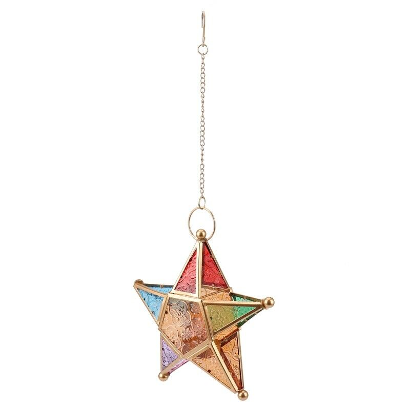 Multicolour Glass Star Votive Tea Light Candle Holder Hanging Lighting LanternR1