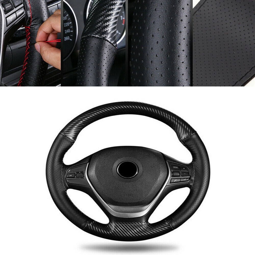 38CM Carbon Fiber & Leather Steering Wheel Cover Trim Hand Sewing DIY Universal