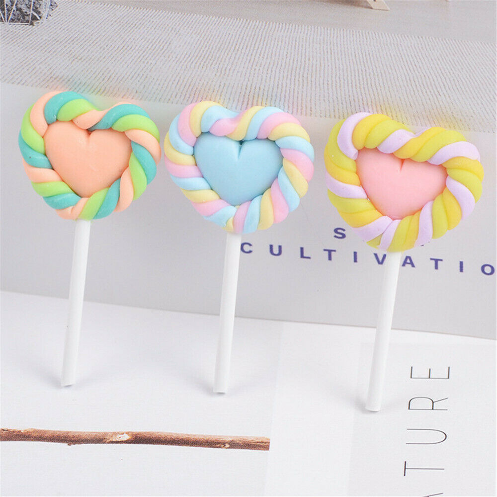 Lot of (x6) Random Polymer Clay Heart Lollipops Craft Embellishments Slime Charm