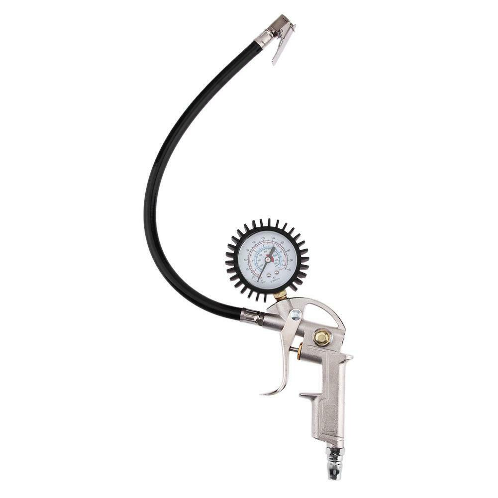 Lock On Chuck Flexible Hose Tire Inflator with Air Pressure Gauge Pistol @
