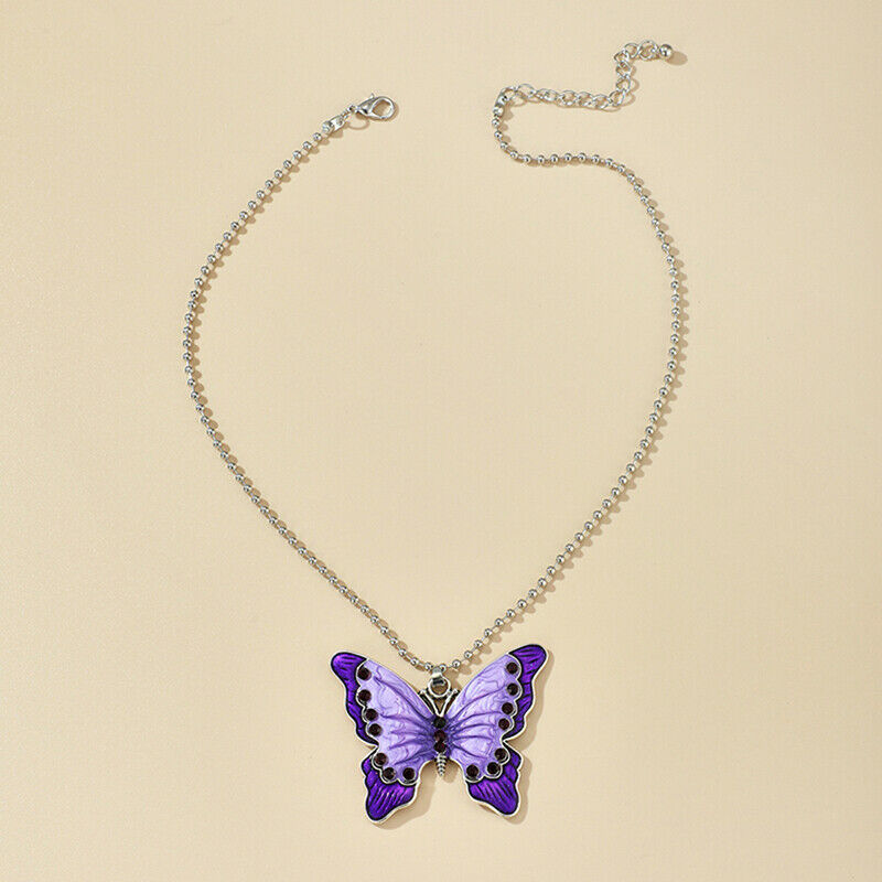New Fashion Women Purple Butterfly Pendant Bead Chain Choker Necklace Jew.l8