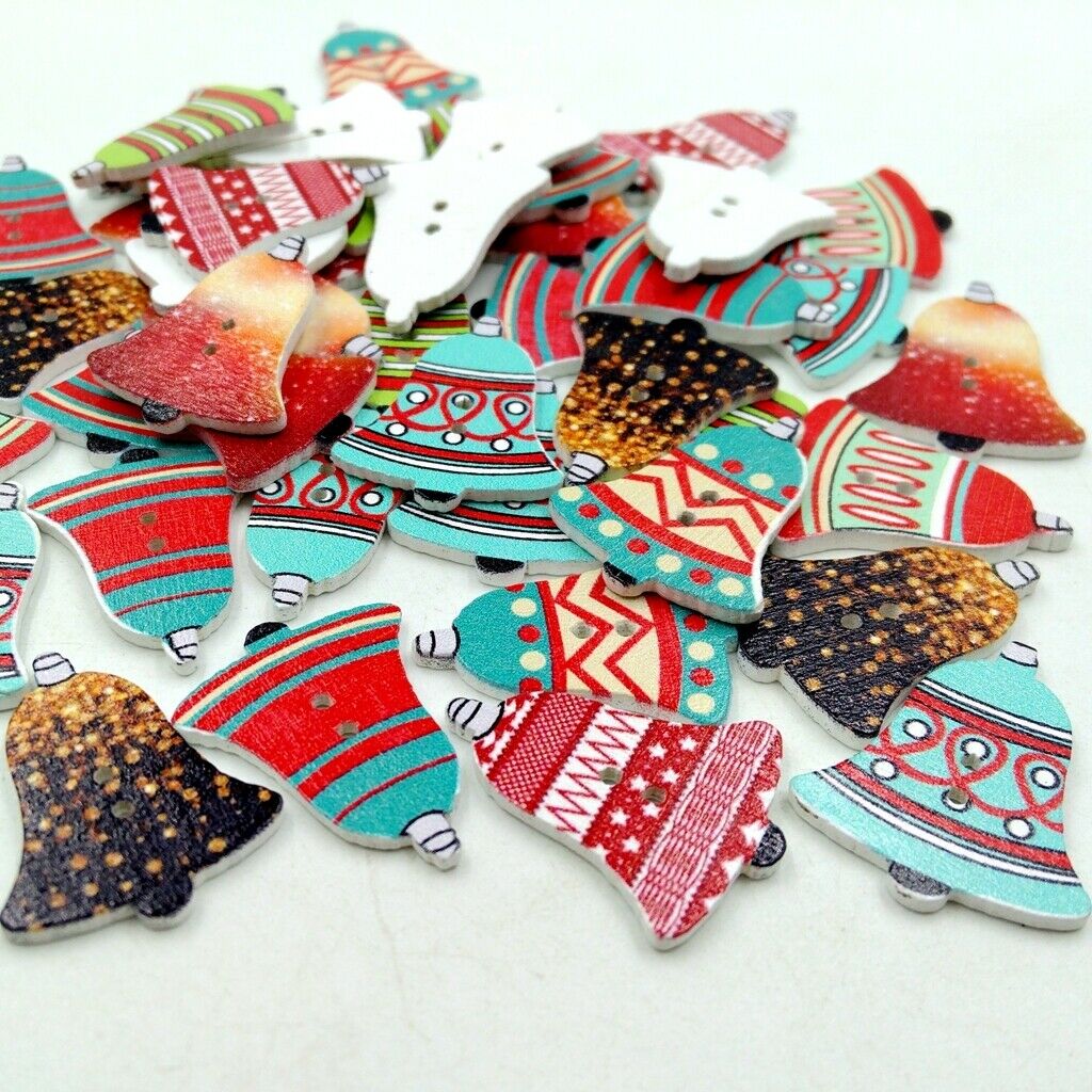50 Piece Christmas Bell Design Wooden 2-holes Craft Buttons For Scrapbooking