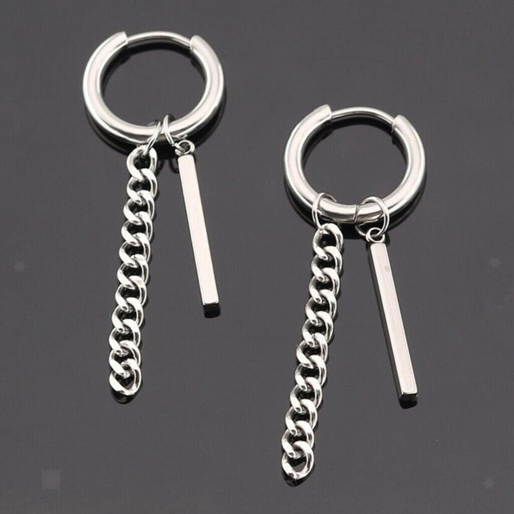 Prettyia Stainless Steel Hip Hop Bar Long Chain Dangle Earrings Tassel Studs