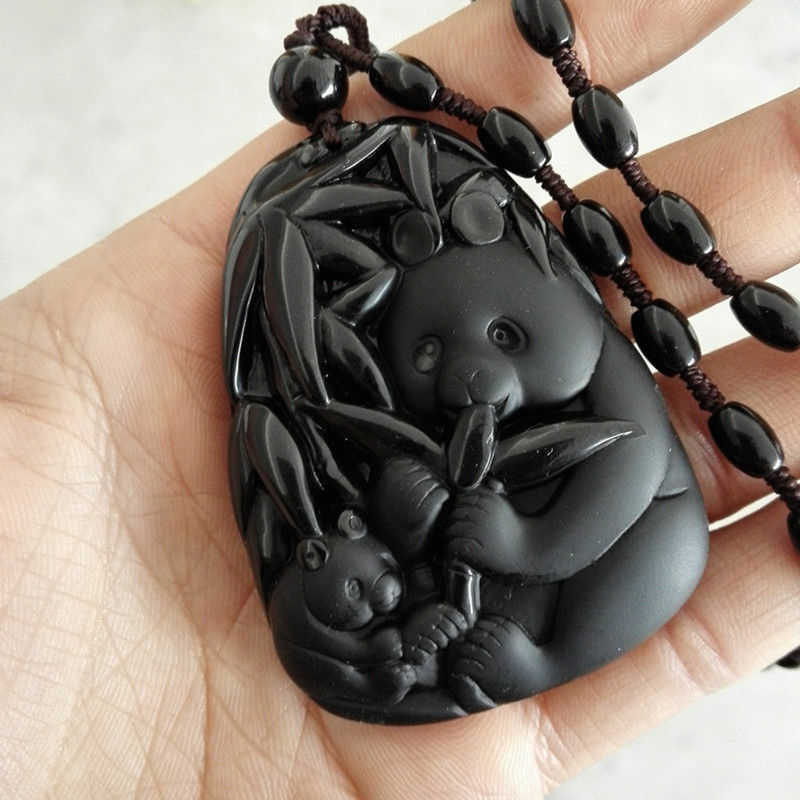 Black Obsidian Bamboo Panda Pendant Necklace Chain energy 100% Ornaments