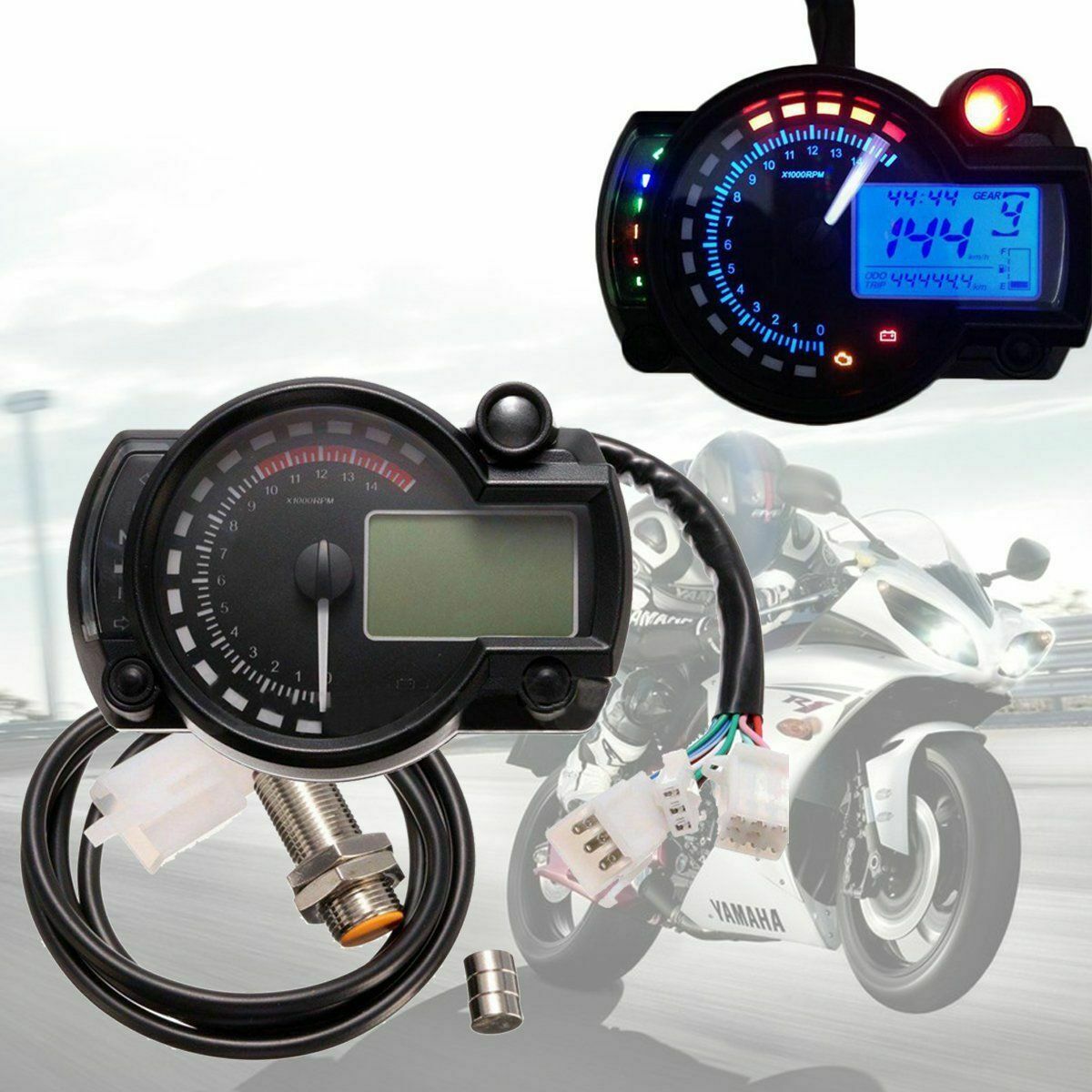 15000rpm Motorcycle Speedometer Gauge Universal LCD Digit Tachometer Odometer