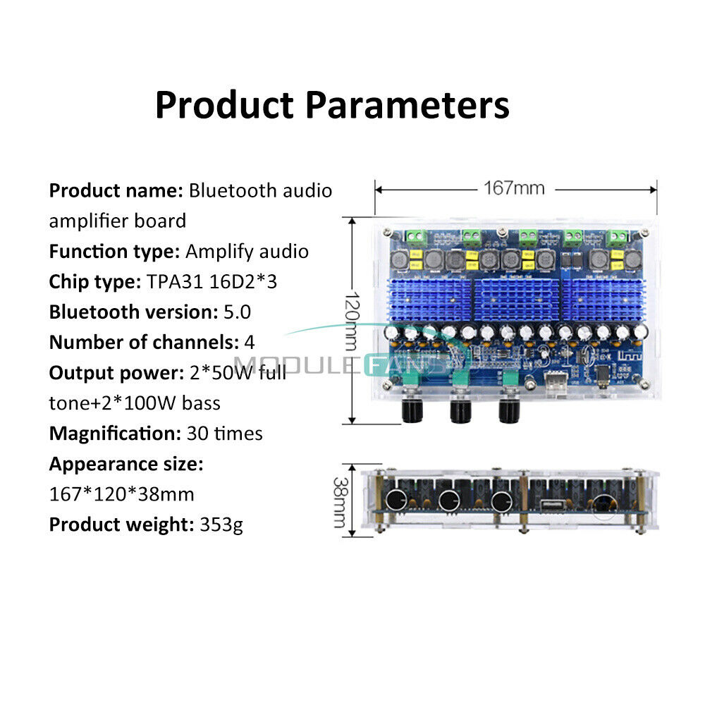 Bluetooth 5.0 Digital TPA3116D2 2X100W+2X50W Dual Audio Receiver Amplifier Board