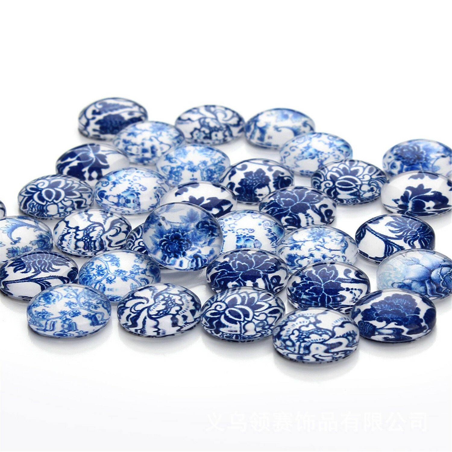 30pcs Round Glass Mixed Blue and white Porcelain Pattern Cabochon Flat Back 12mm