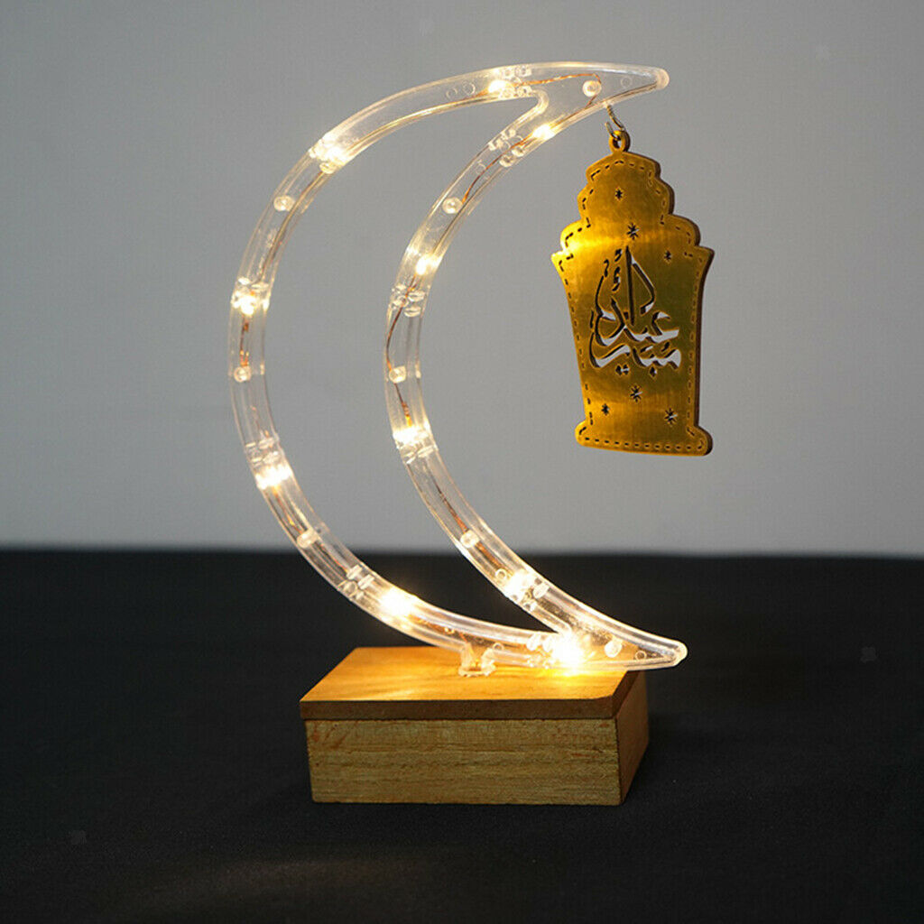 Islam Moon Lights Mubarak Ramadan Eid with Wooden Base 2 AA Battery Operated