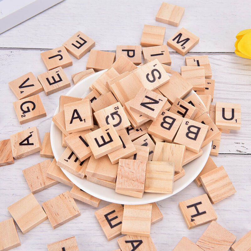 100Pcs Wooden Alphabet Scrabble Tiles Black Letters & Numbers Digital Puzzle Gy
