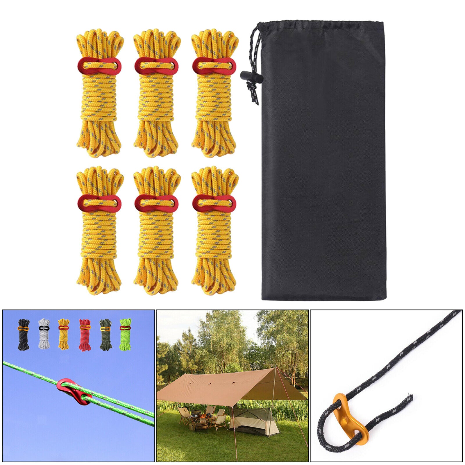 Reflective Guylines Tent Cords 13ft Lightweight for Camping Hiking Yellow