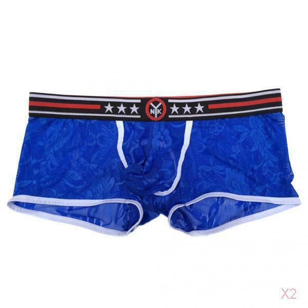 Men's  Boxers Sheer Shorts Brief Lace Embroider Clubwear Trunks Blue M