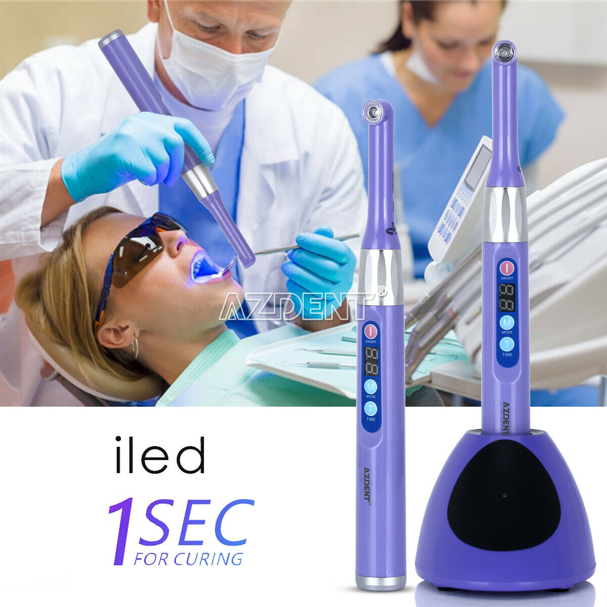 2 X Dental Cordless iLed Curing Light Lamp 1 Second Cure 5W LED 2300mW/c㎡ Purple