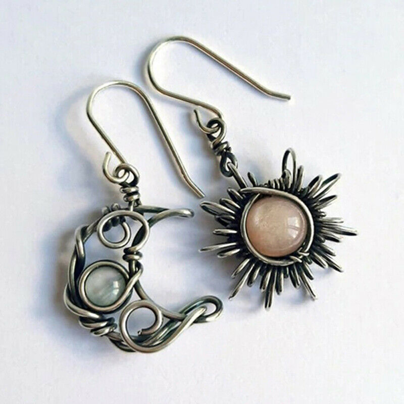 Retro Sun Moon Earrings Moonstone Asymmetric Earrings Woman Jewelry Gift