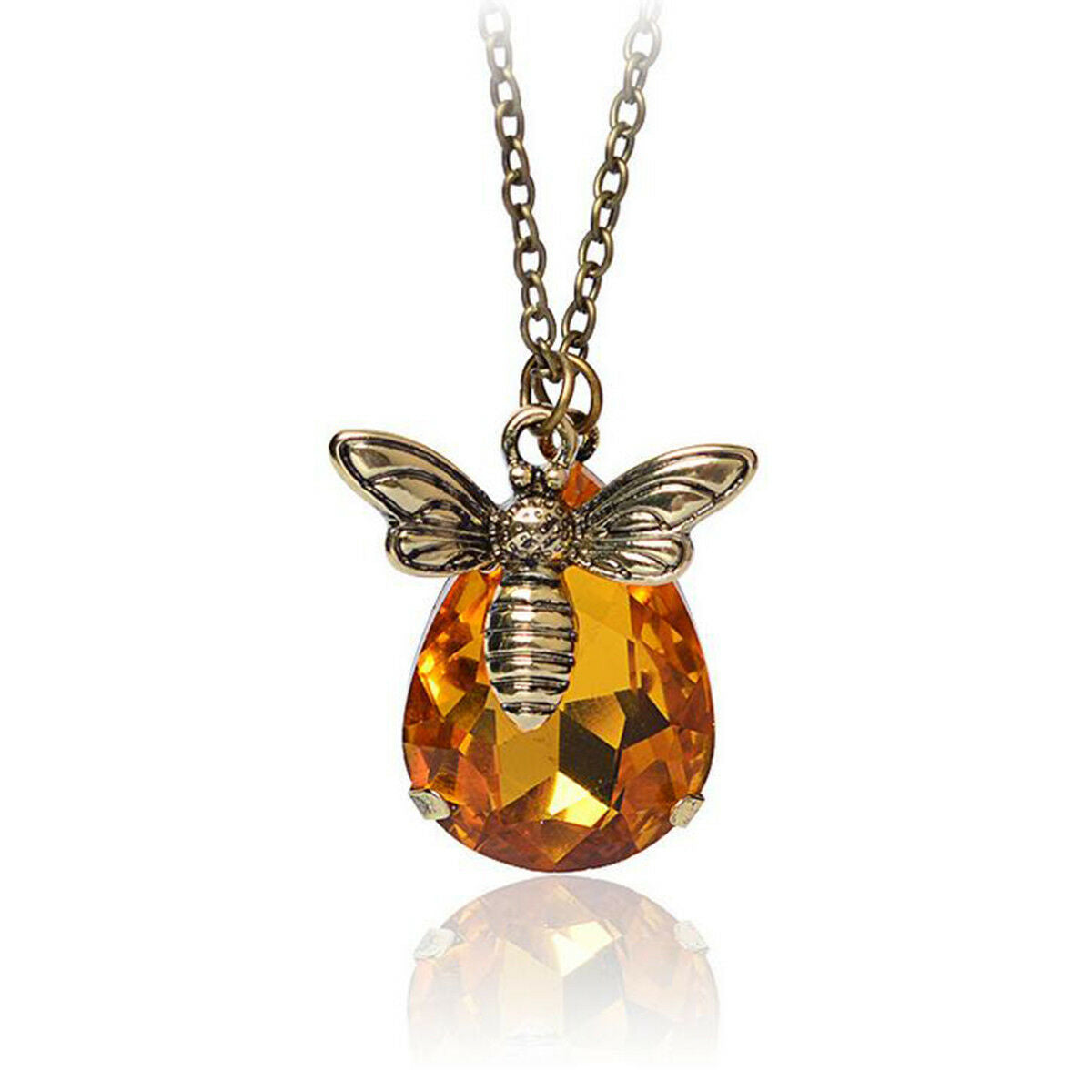 Sweet Bee And Honey Drop Necklace Brass Chain Bee Crystal Pendant Necklace Gift
