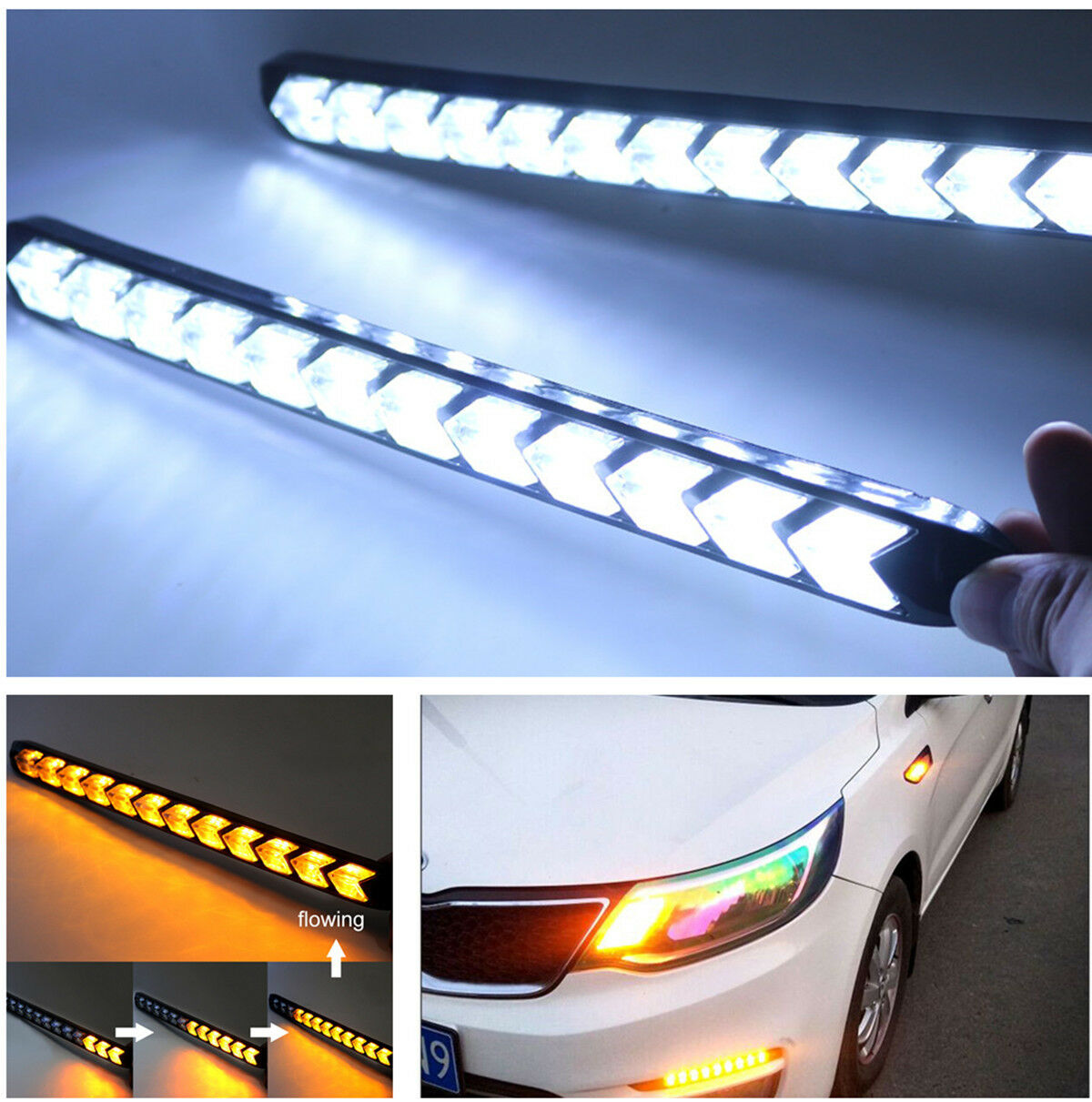 2Pcs Car White/Amber Switchback Flowing Strip Light Arrow Flasher Turn Signal