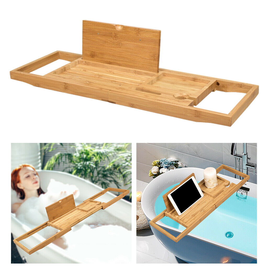 Bath Tub Caddy Wood Bathtub Tray Shelf Organizer with Tablet Wine Holder