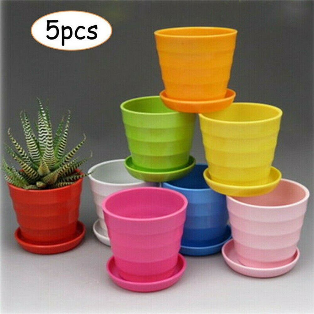 5-Pack Plant Pot Garden Round Flower Planter Plastic Pots W/ Saucer Tray Decors