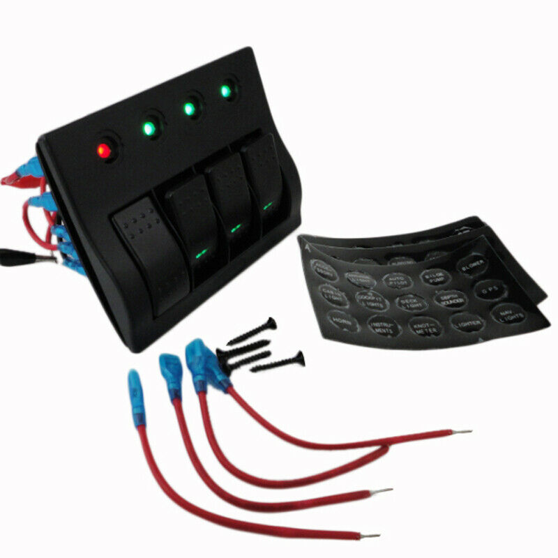Boat RV Marine Switch Panel 4 Gang LED Rocker Switch with Circuit Breakers Kit