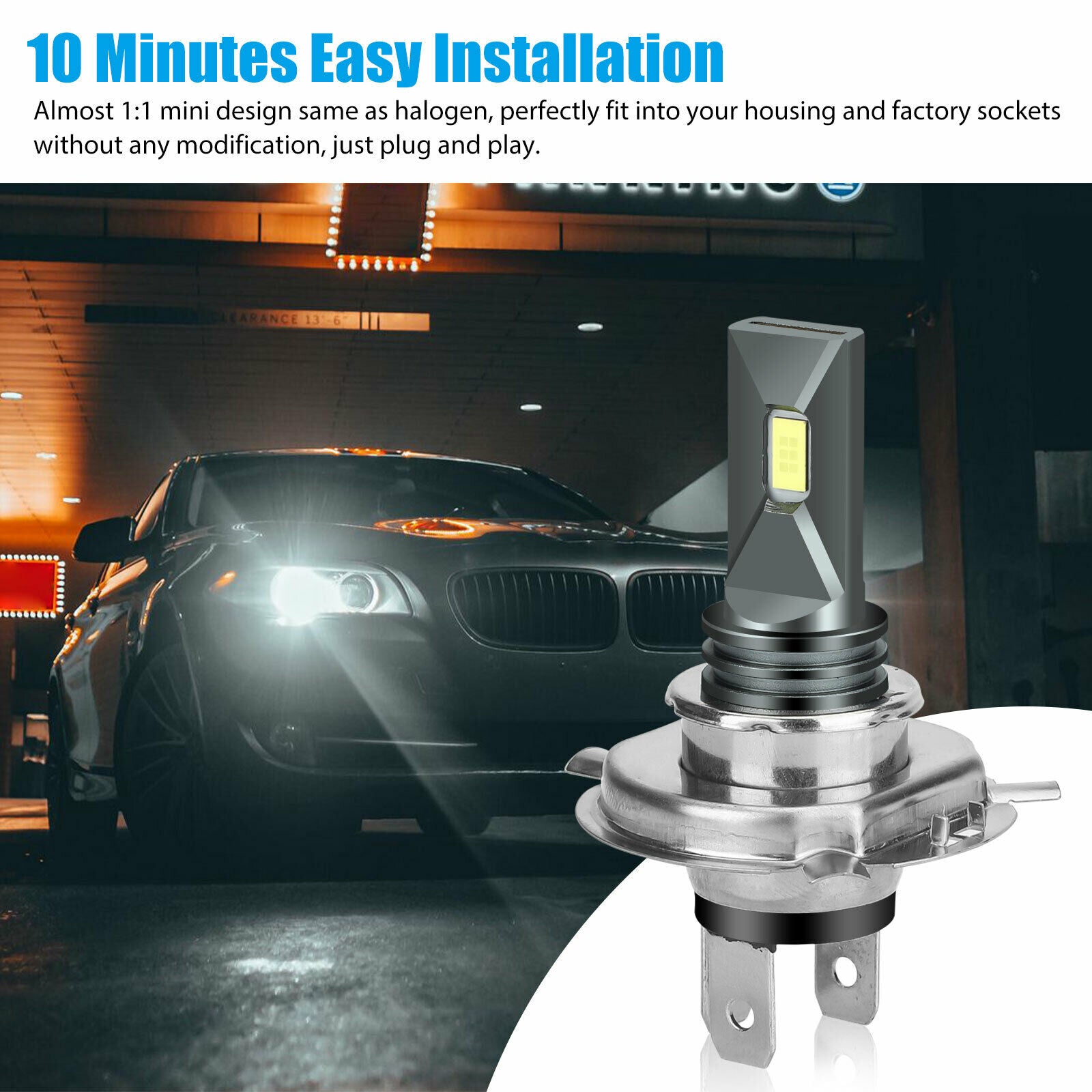 2Pcs H4 9003 HB2 LED Headlight High Low Beam Light Bulbs Kit 20000LM 6000K White