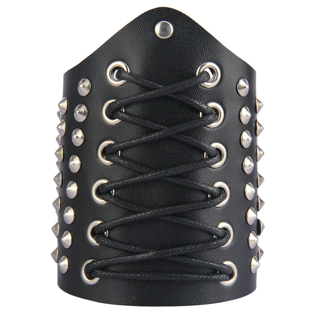 2Pcs Medieval Pu Leather Wristband Wide Bracer Gothic Arm Armor Cuff Black