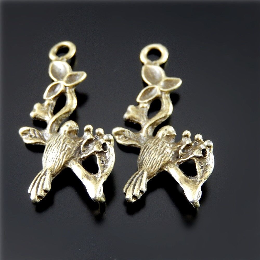 10 PCS Retro Bronze Bird Charm Flower Branch Alloy Pendant Jewelry Craft 30*15mm