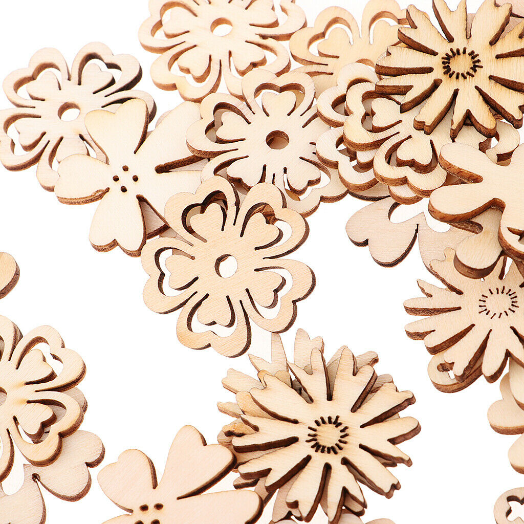 50pcs Chic Wood Buttons Cutout Flowers Shapes Wooden Craft DIY Scrapbooking