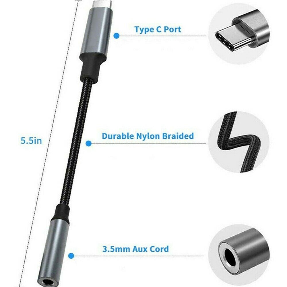 1* USB Type-C to 3.5mm Aux Audio Jack Active DAC Headphone Adapter Braided Cable