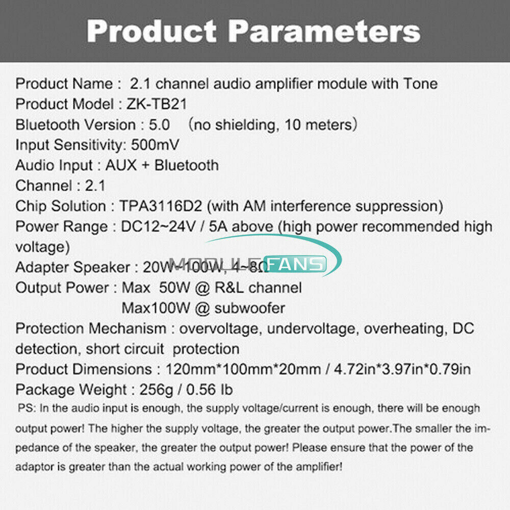 Bluetooth 5.0 TPA3116D Digital Amplifiers Board 2.1 Channel Audio 2*50W+100W AUX