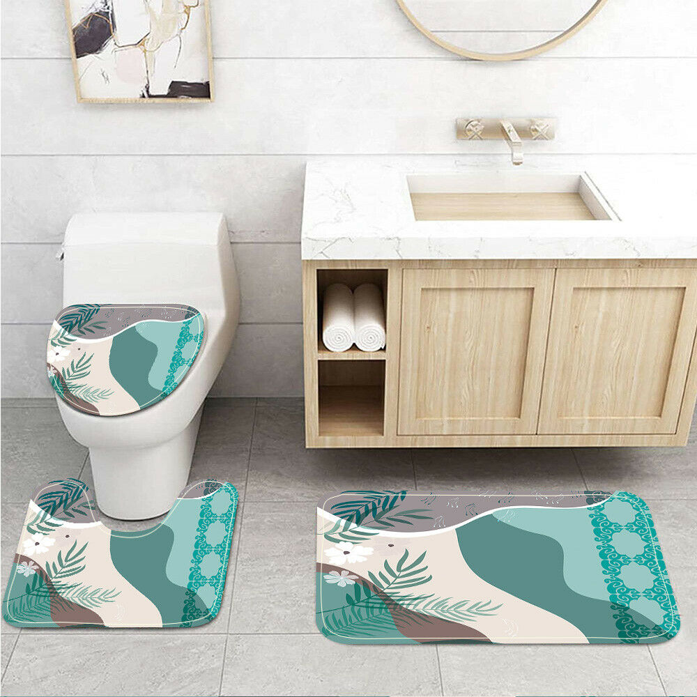 Modern Blue Gray Simple Leaf Art Toilet Cover Rug Mat Contour Rug Set 3pcs