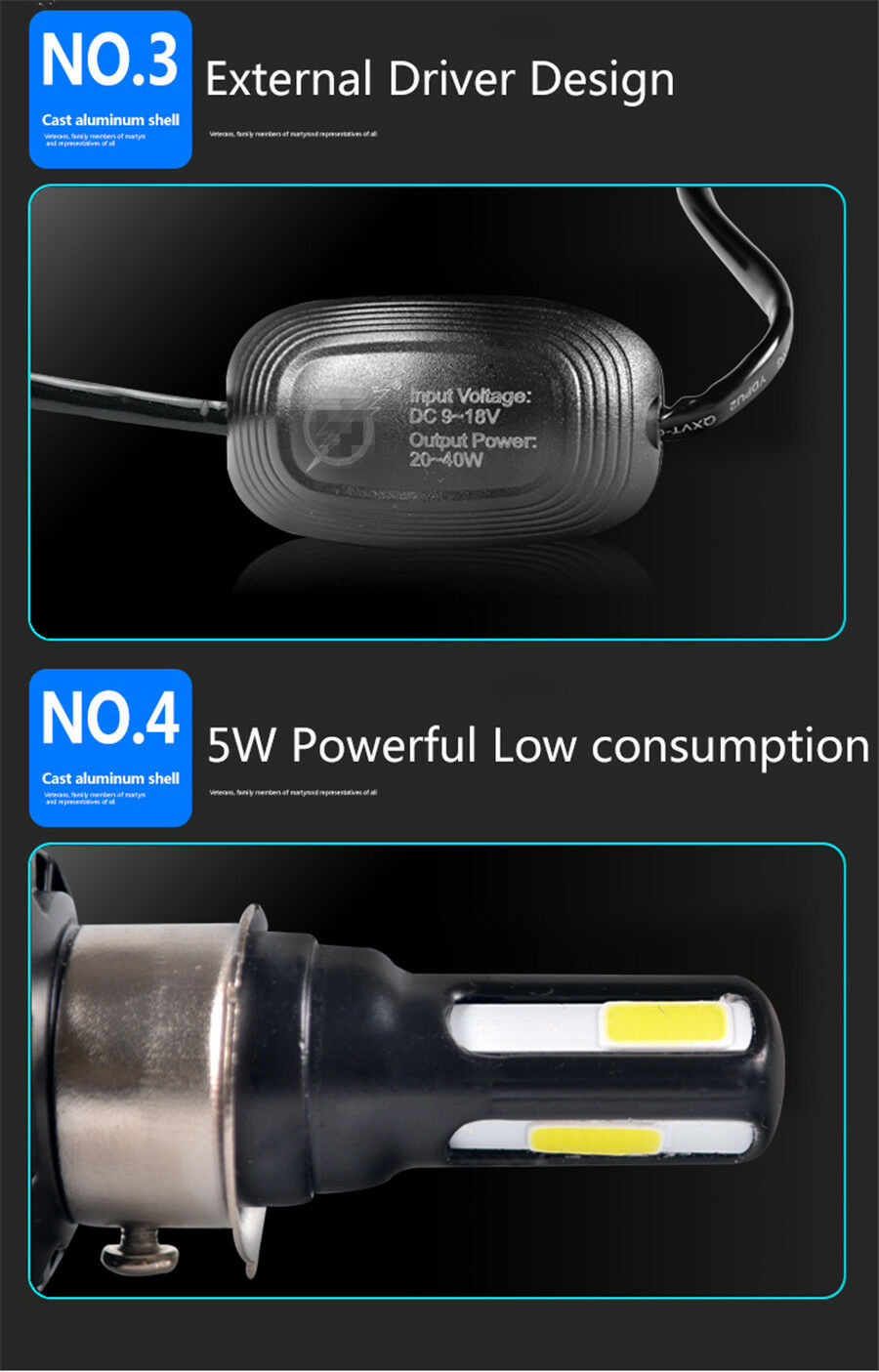 Universal Motorcycle Headlight LED Bulb 4 COB DC 40w 4400LM H4 HS1 H6 Hi/Lo Beam