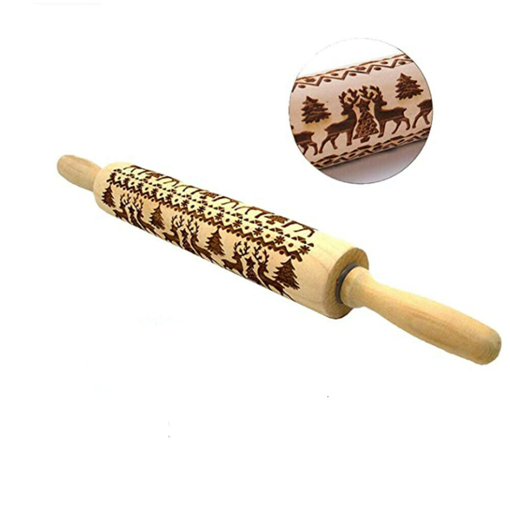 Christmas Wooden Rolling Pins Elk Deer Embossing Rolling Pin Kitchen Baking Tool