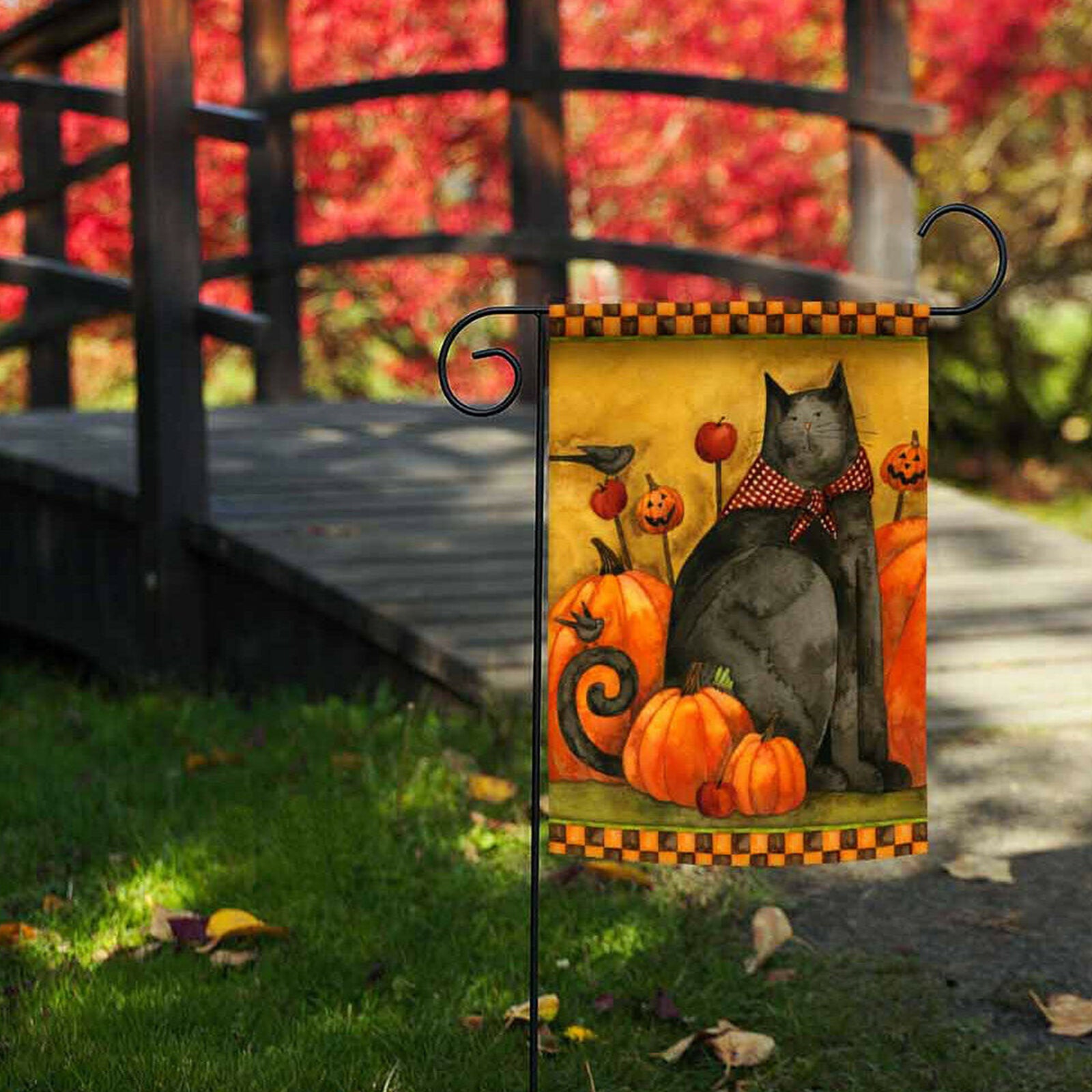 Toland Folk Cat 12.5 x 18 Fall Autumn Pumpkin Rustic Halloween Garden Flag