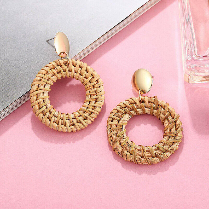 Korea Bamboo Wooden Straw Weave Rattan Knit Vine Circle Earrings for Wom.l8