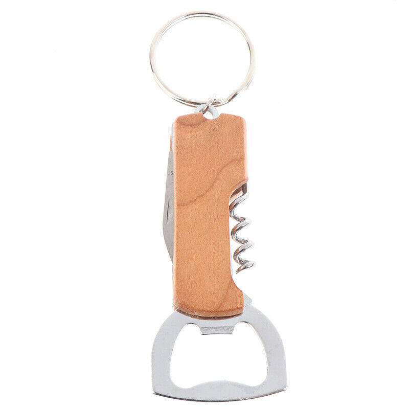 Multifunctional Beer Opener Keychain Stainless Steel Wooden Handle Wine O.l8