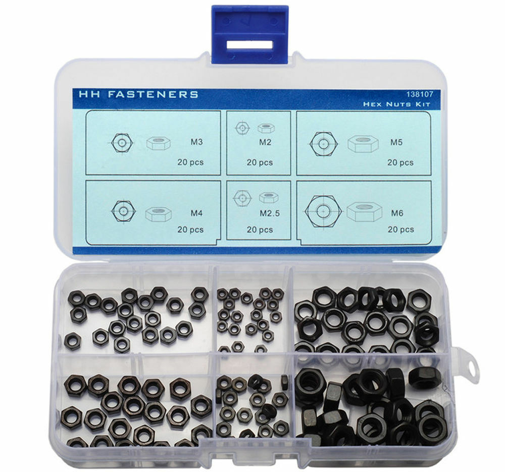 Hex Nuts M2 M2.5 M3 M4 M5 M6 120pcs Assortment Kit Black Oxide with Box
